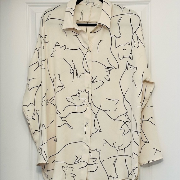 BABATON Blouse Tunic Silky Poly Cream & Black Dog or Fox L/S NWOT Sz M L - Picture 1 of 12